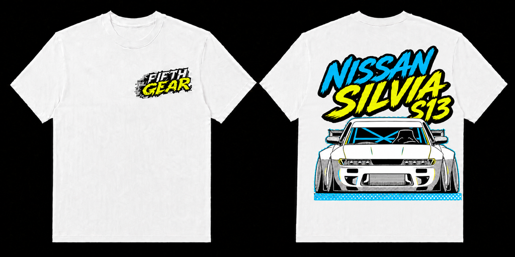 Fifth Gear Nissan Silvia S13 Tee - White colorway front and back