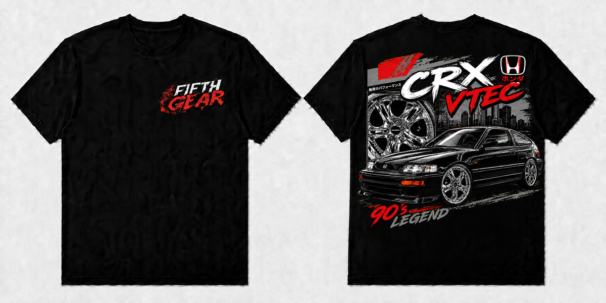 Fifth Gear Honda CRX VTEC 90s Legend Tee - Black colorway front and back