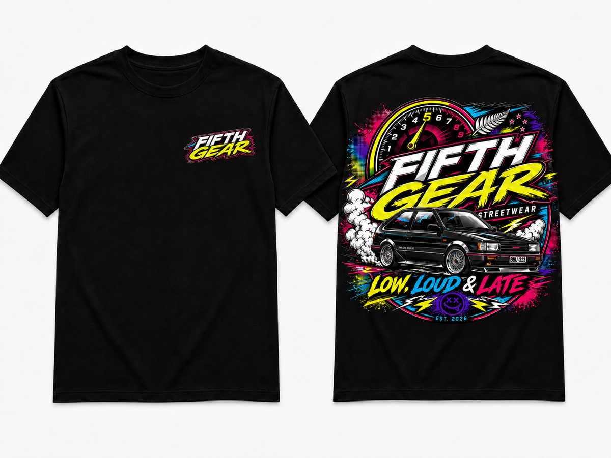 Fifth Gear Mazda 323 Low Loud & Late Tee - Black Fifth Gear Streetwear colorway front and back