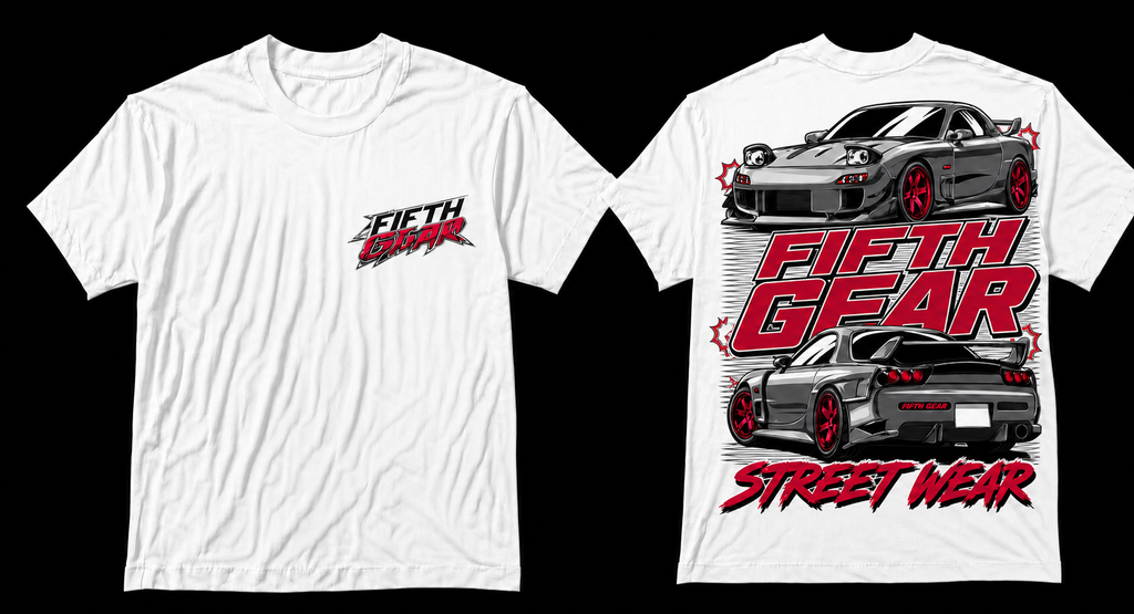 Fifth Gear Mazda RX-7 FD Tee - White colorway front and back