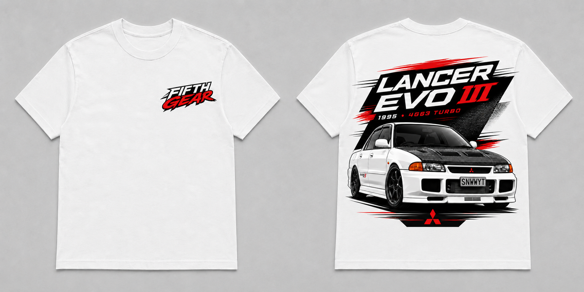 Mitsubishi Lancer Evo III 1995 4G63 Turbo - White Tee front and back