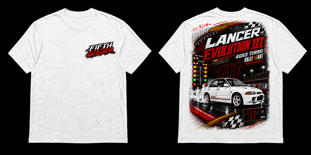 Mitsubishi Lancer Evolution III Drag Spec Timeslip - White Tee front and back