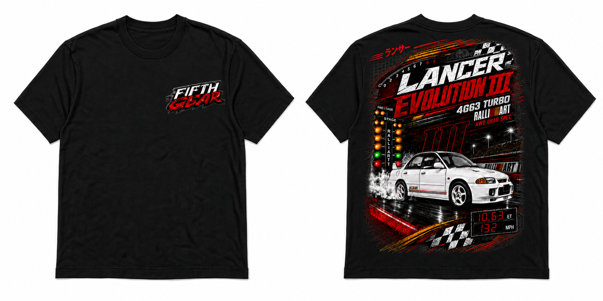 Mitsubishi Lancer Evolution III Drag Spec Timeslip - Black Tee front and back
