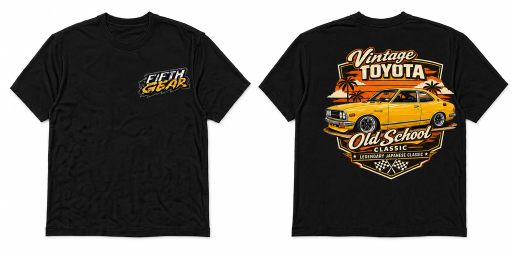 Fifth Gear Vintage Toyota Old School Classic Tee - Black colorway front and back
