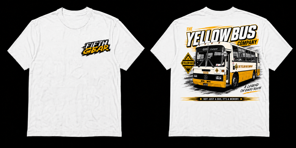 Fifth Gear Yellow Bus Company Legend Tee - White colorway front and back