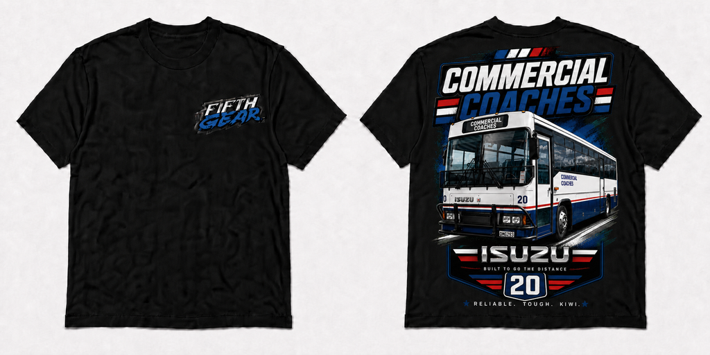 Fifth Gear Commercial Coaches Isuzu Tee - Black colorway front and back