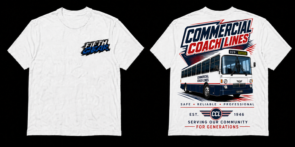 Fifth Gear Commercial Coach Lines Est. 1946 Tee - White colorway front and back