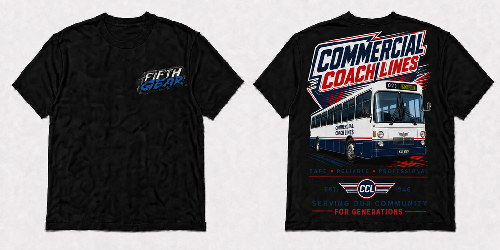 Fifth Gear Commercial Coach Lines Est. 1946 Tee - Black colorway front and back