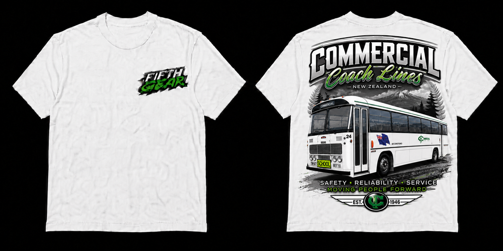 Fifth Gear Commercial Coach Lines New Zealand Tee - White colorway front and back