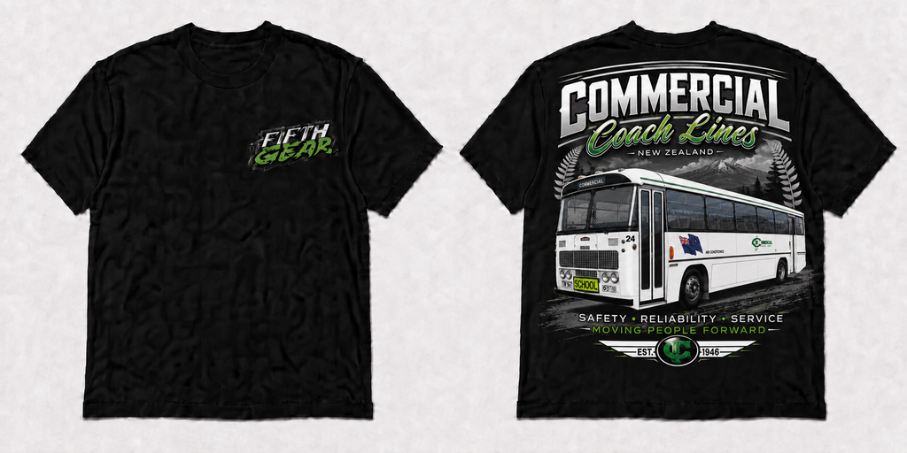 Fifth Gear Commercial Coach Lines New Zealand Tee - Black colorway front and back