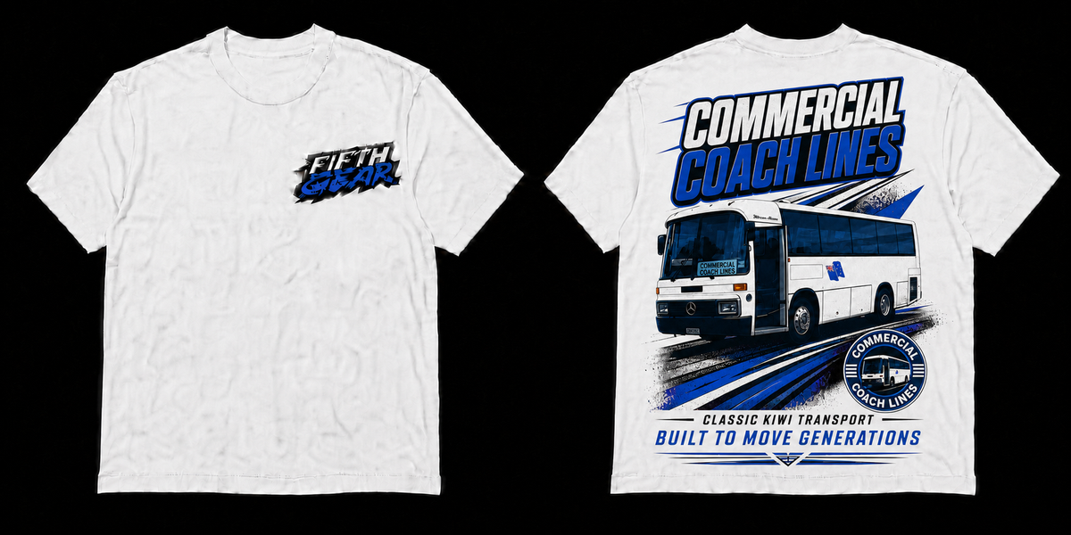 Fifth Gear Commercial Coach Lines Tee - White colorway front and back