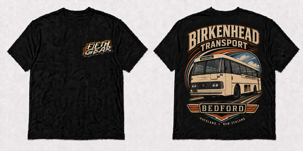 Fifth Gear Birkenhead Transport Bedford Tee - Black colorway front and back