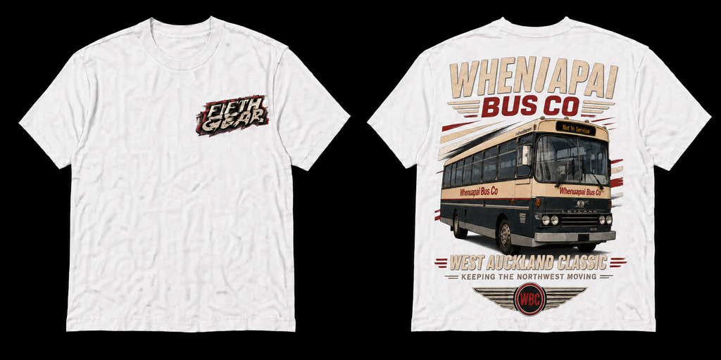 Fifth Gear Whenuapai Bus Co West Auckland Classic Tee - White colorway front and back