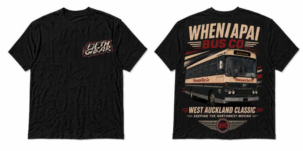 Fifth Gear Whenuapai Bus Co West Auckland Classic Tee - Black colorway front and back