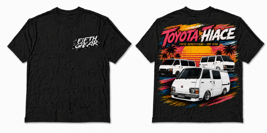 Fifth Gear Toyota HiAce Three Generations Tee - Black colorway front and back