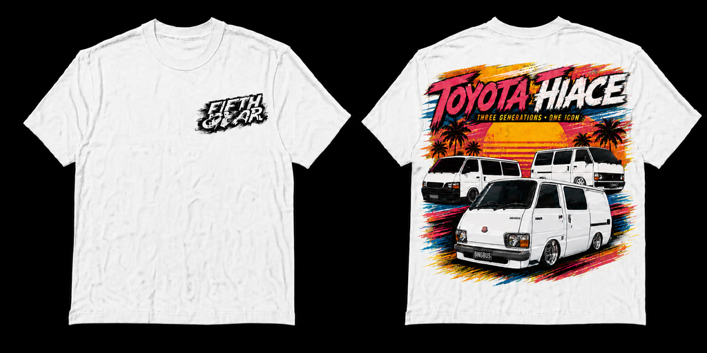 Fifth Gear Toyota HiAce Three Generations Tee - White colorway front and back
