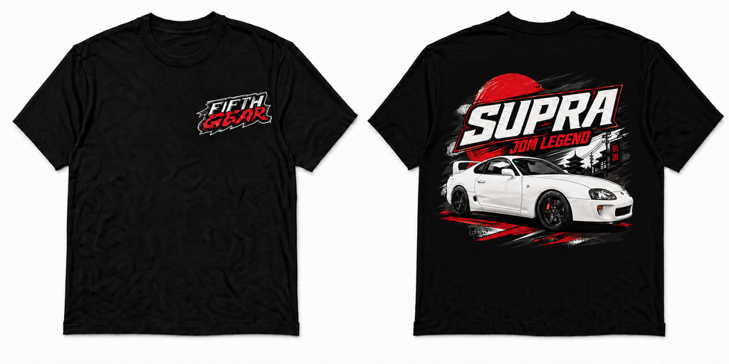 Fifth Gear Supra JDM Legend Tee - Black colorway front and back