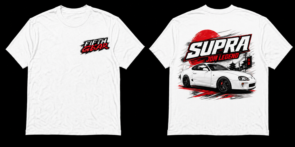 Fifth Gear Supra JDM Legend Tee - White colorway front and back