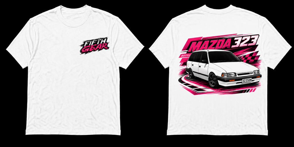 Fifth Gear Mazda 323 Pink Racing Tee - White colorway front and back