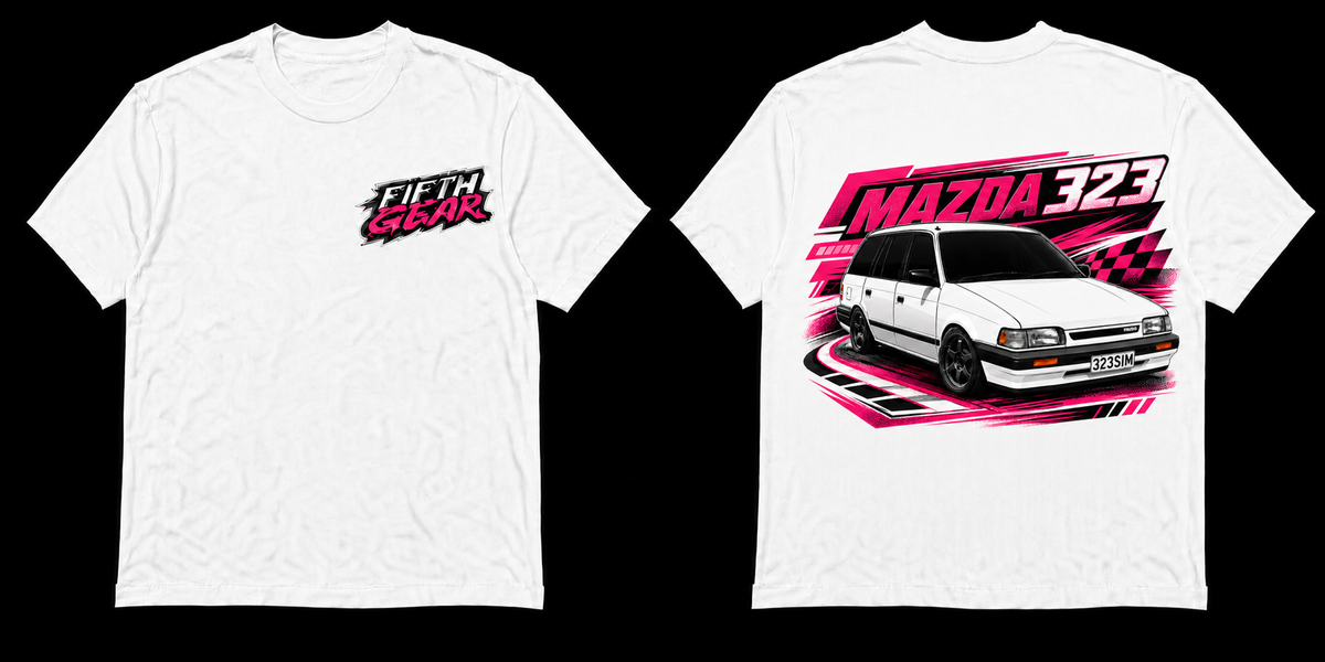 Fifth Gear Mazda 323 Pink Racing Tee - White colorway front and back