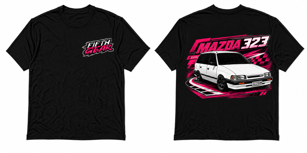 Fifth Gear Mazda 323 Pink Racing Tee - Black colorway front and back