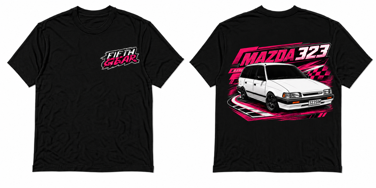 Fifth Gear Mazda 323 Pink Racing Tee - Black colorway front and back