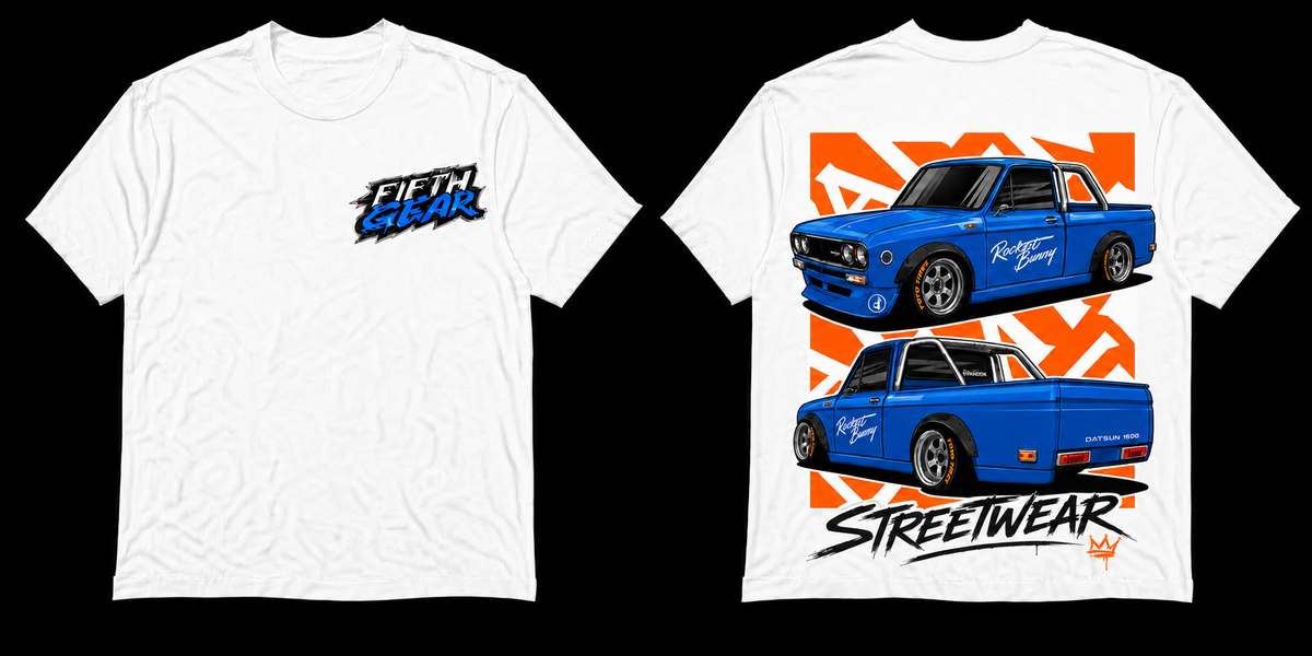 Fifth Gear Datsun 1600 Rocket Bunny Streetwear Tee - White colorway front and back