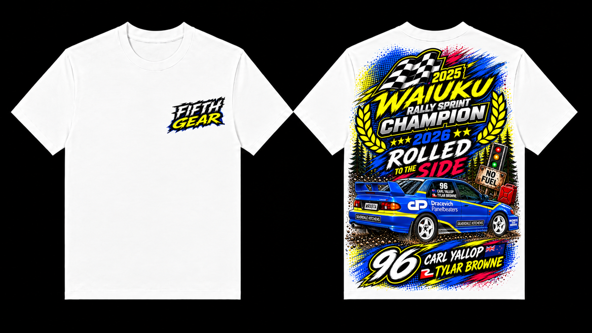 Waiuku Rally Sprint Champion Tee – White colourway front and back