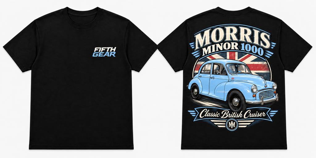 Morris Minor 1000 Classic British Cruiser Tee – Black colourway front and back