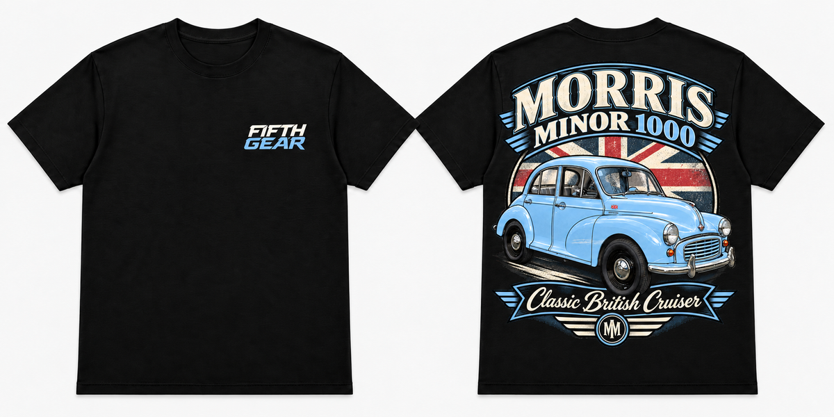 Morris Minor 1000 Classic British Cruiser Tee – Black colourway front and back