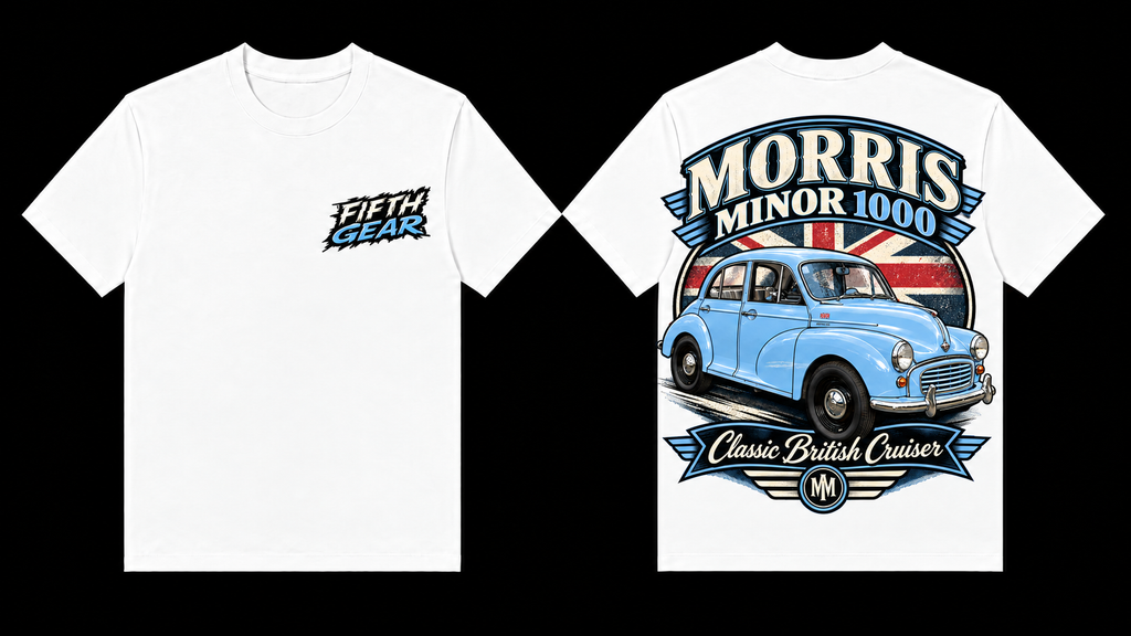 Morris Minor 1000 Classic British Cruiser Tee – White colourway front and back