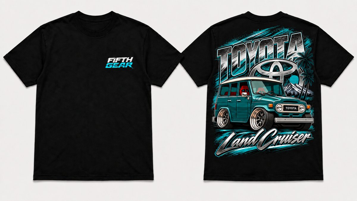 White Toyota Land Cruiser graphic tee, front and back view