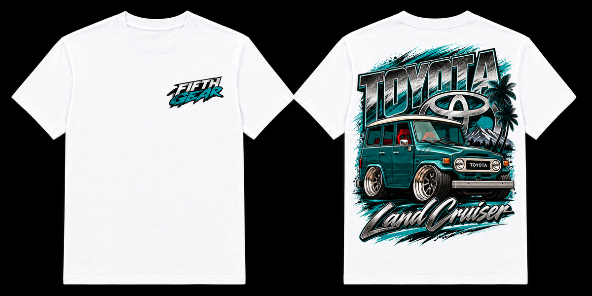 Black Toyota Land Cruiser graphic tee, front and back view