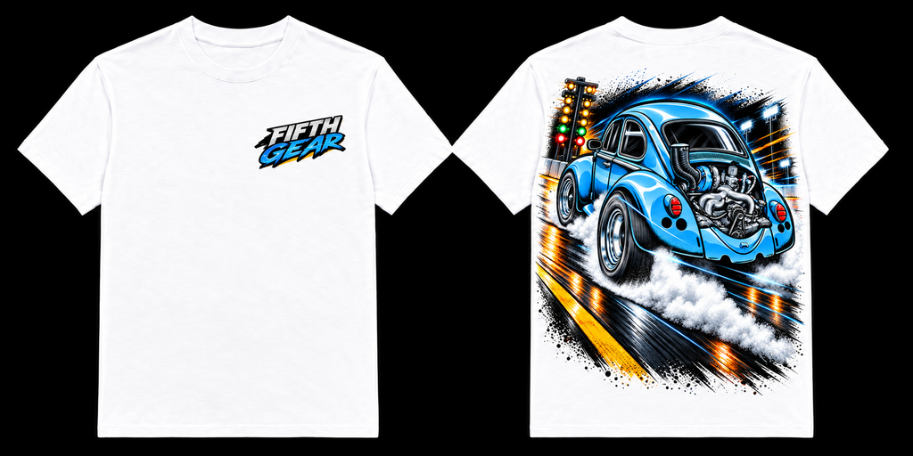 White Blue Beetle Burnout graphic tee, front and back view