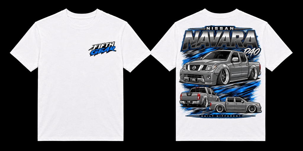 White Nissan Navara D40 graphic tee, front and back view