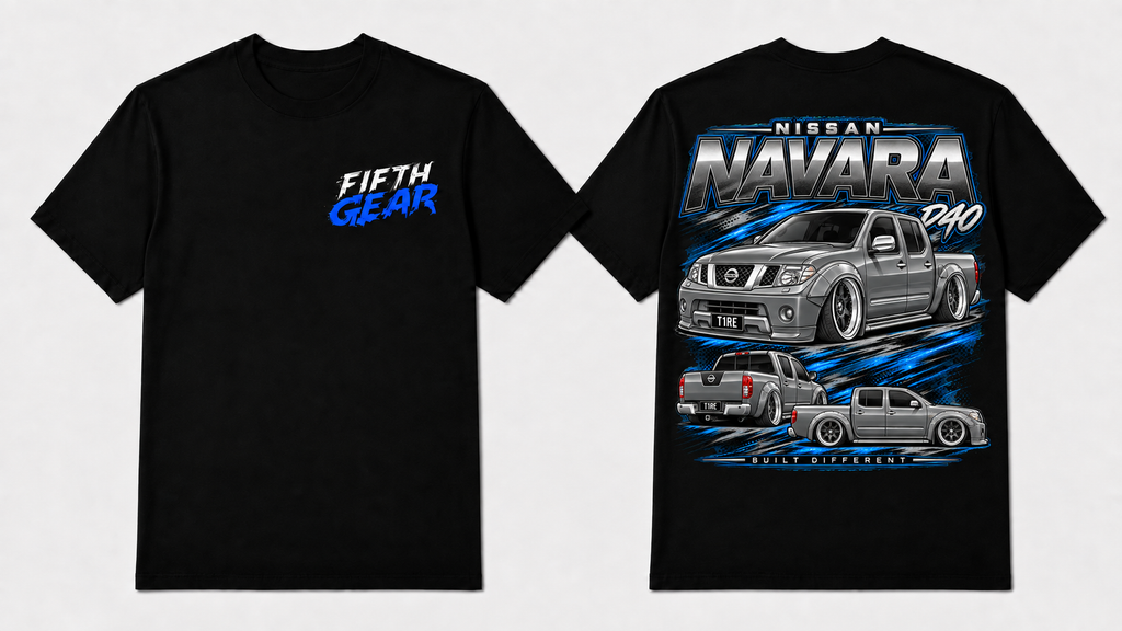 Black Nissan Navara D40 graphic tee, front and back view