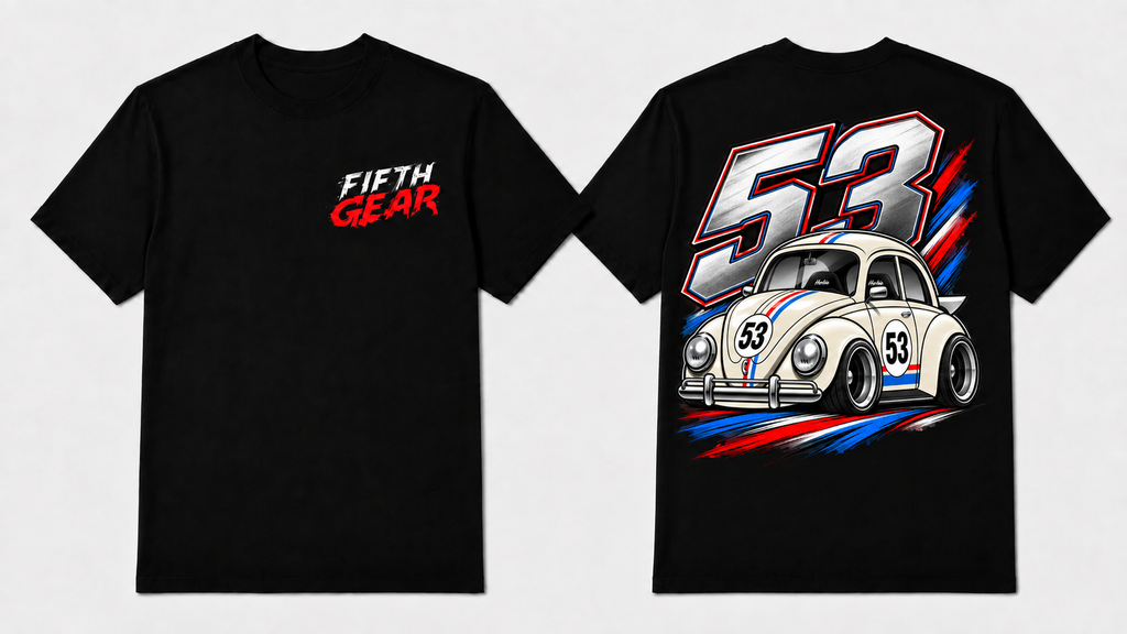 White 53 Beetle Racing graphic tee, front and back view