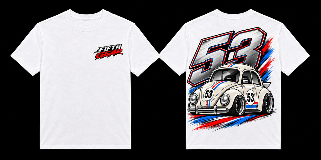 Black 53 Beetle Racing graphic tee, front and back view