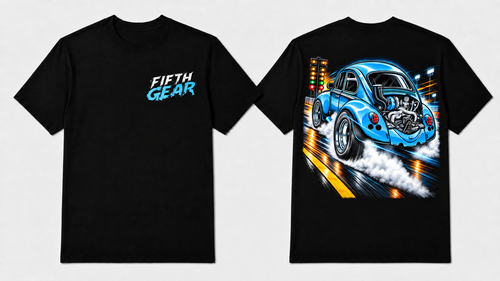Black Blue Beetle Burnout graphic tee, front and back view