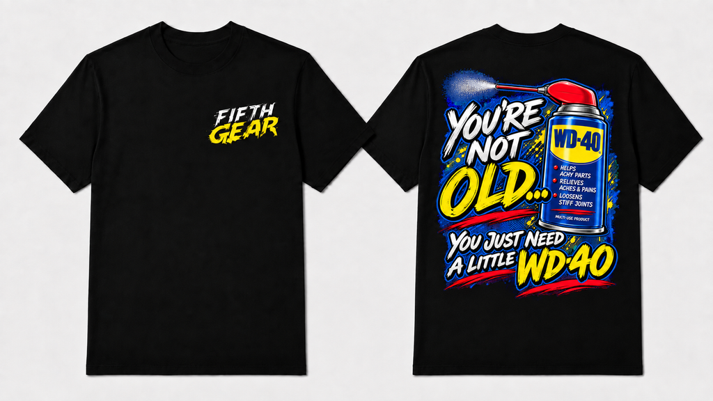 Black You’re Not Old WD-40 graphic tee, front and back view