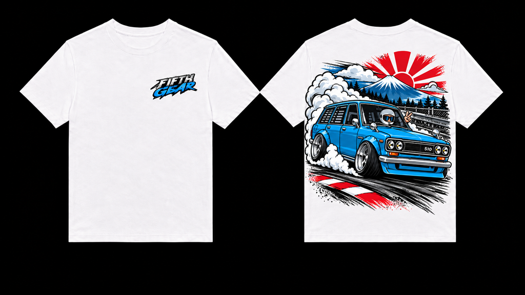 Black Datsun 510 Fuji Run graphic tee front and back