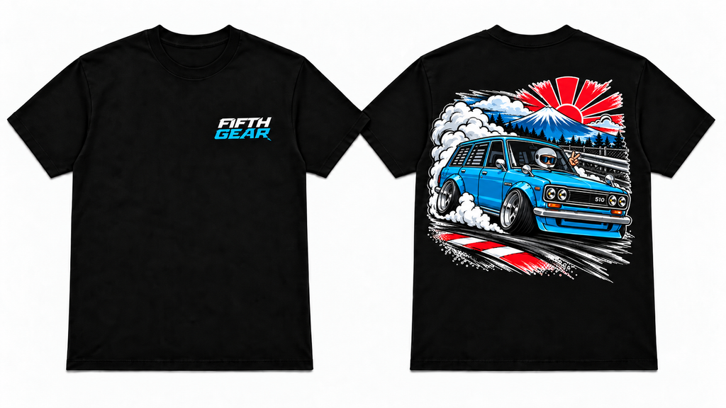 White Datsun 510 Fuji Run graphic tee front and back