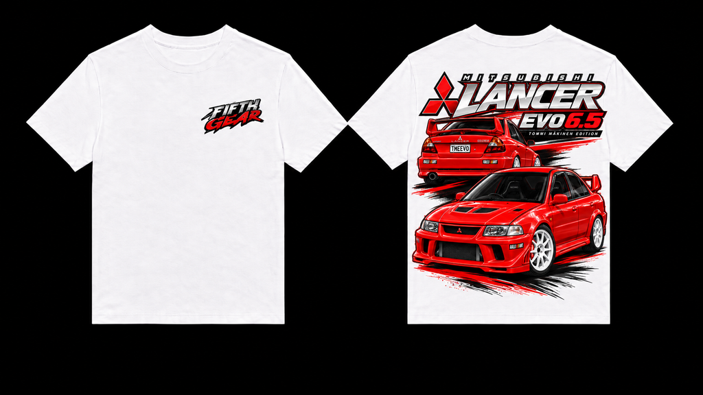 White Mitsubishi Lancer Evo 6.5 TME graphic tee front and back