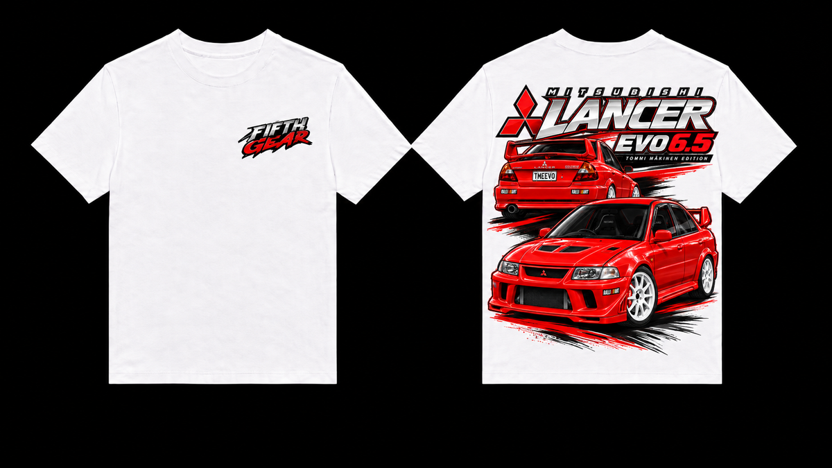 White Mitsubishi Lancer Evo 6.5 TME graphic tee front and back
