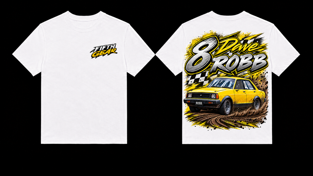 White Yellow #8 Racing Tee front and back mockup
