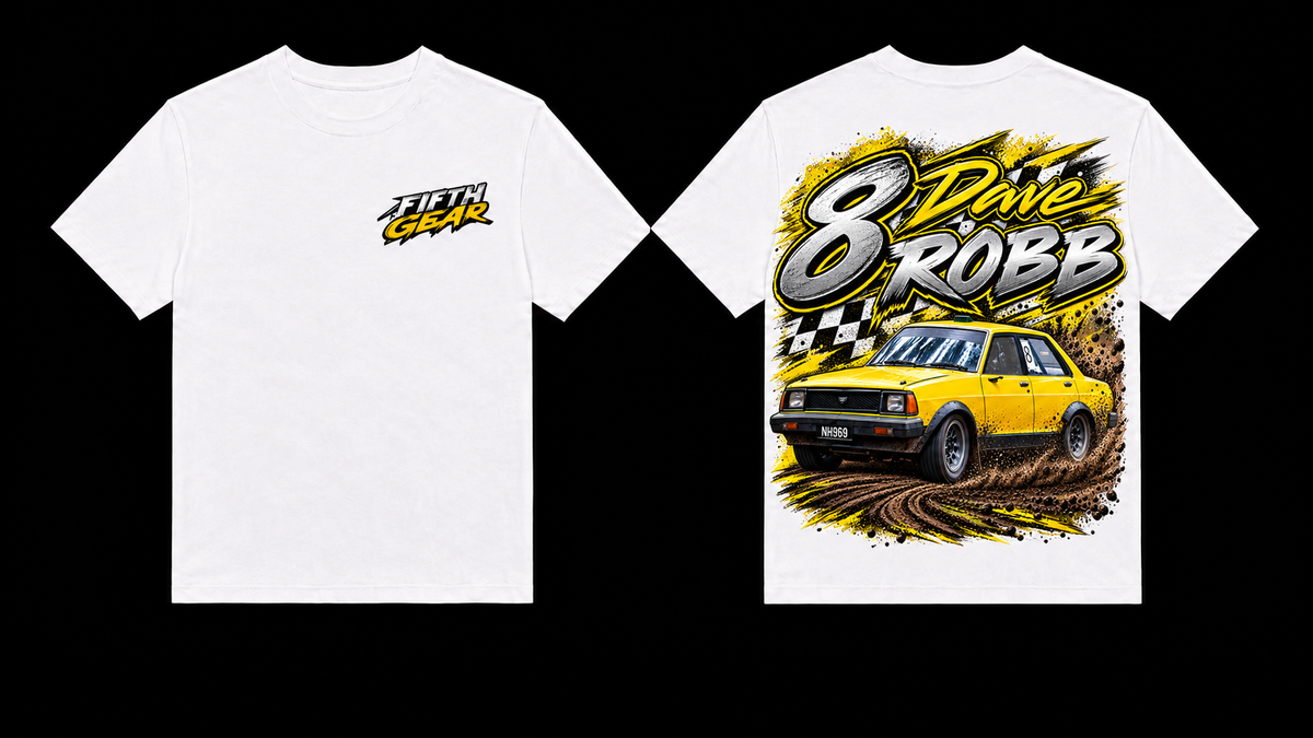 White Yellow #8 Racing Tee front and back mockup