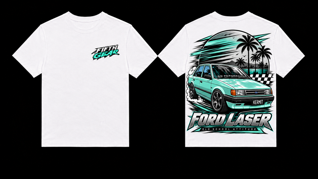 White Ford Laser Old School Attitude graphic tee front and back