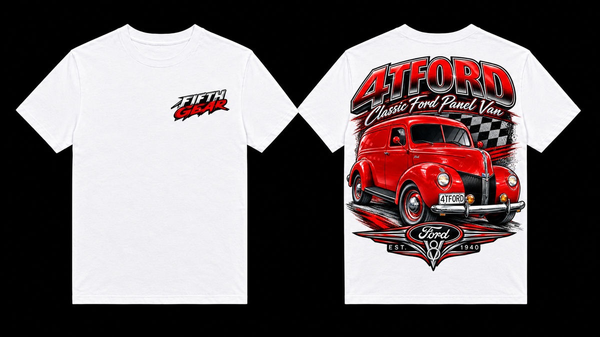 White Classic Red Panel Van Tee front and back mockup