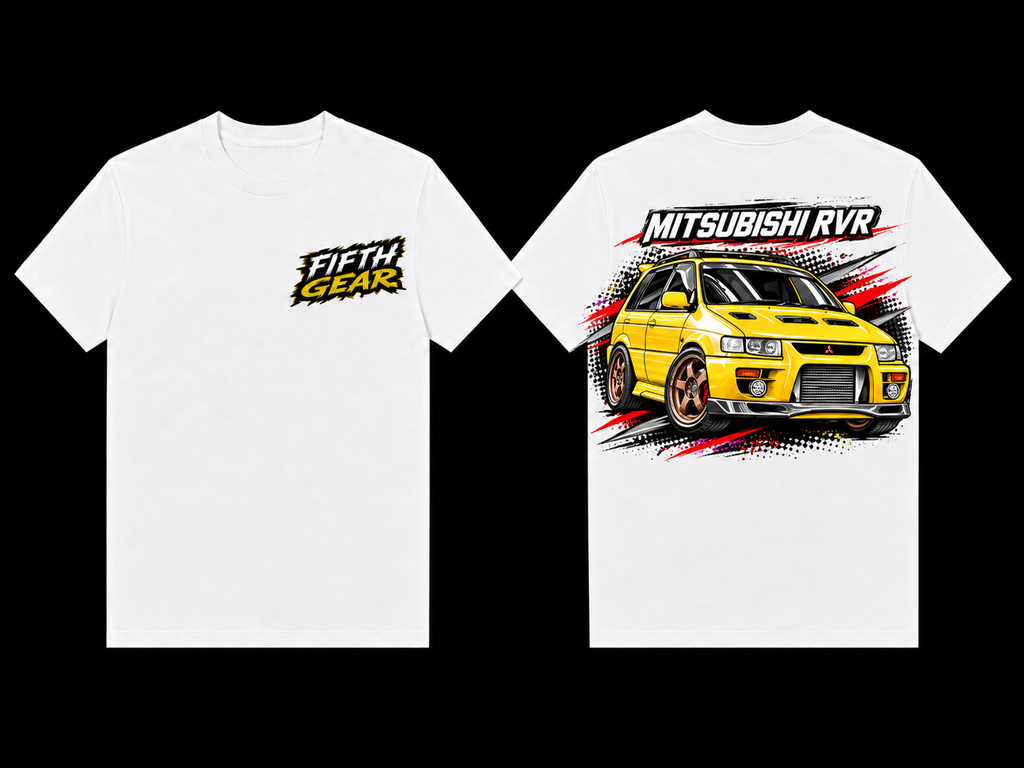 White Fifth Gear Mitsubishi RVR JDM T-shirt shown front and back