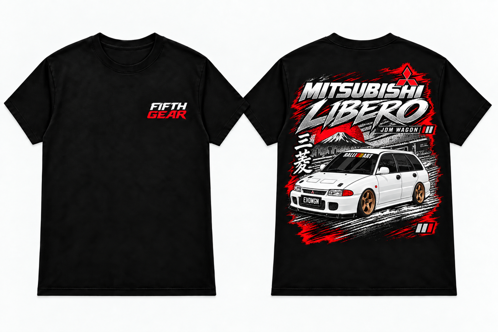 Black Fifth Gear Mitsubishi Libero JDM wagon T-shirt shown front and back